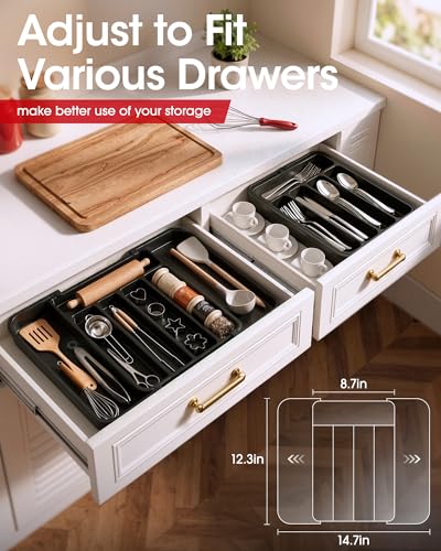 Aujen Silverware Organizer - Expandable Kitchen Drawer Organizer, Adjustable Utensil Organizer, Cutlery Tray for Forks, Knives, Multipurpose Kitchen Organizers and Storage Solution, Black, Medium - color: Black, size: Medium