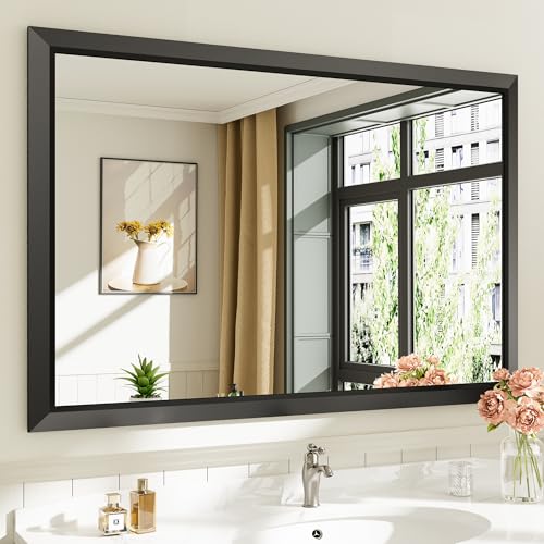Briivue 48x32 Inch Black Bathroom Mirror for Wall, Thick Metal Framed Rectangle Mirrors for Over Sink, Bedroom, Living Room, Entryway, Anti-Rust, HD Tempered Glass - color: Black, size: 48"L x 32"W