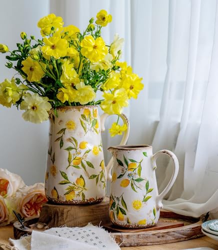 Vintage Lemon Ceramic Vase with Handle, Retro Ice Glazed Crack Farmhouse Pitcher Vase for Home Decor, Living Room, Shelf, Office, Rustic Table Centerpiece 9 Inch - color: Lemon, size: Large Pitcher