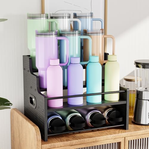 KLM 4-Tier Wood Display Shelf, Black Modern Bottle Organizer, Countertop Bar Stand for Liquor, Coffee Syrup, (Black) - color: Black