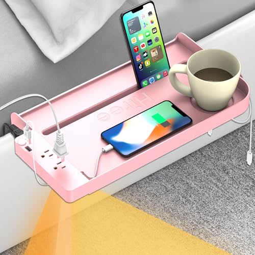 Hiree Bedside Shelf for Dorm Bunk Bed with USB Charging Port and 2 AC Outlets, Bed Side Table Tray Organizer, College Dorm Essential Clip On Bedside Tray, Loft Nightstand Decor, Plus Size, Pink - color: Pink