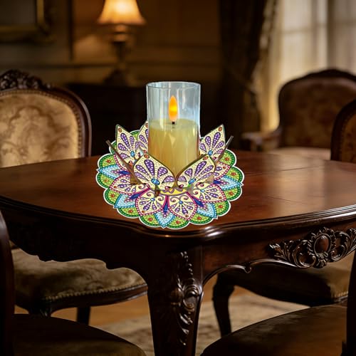 DIY Diamond Art Painting Candlestick Holders 5.71in Mandala Flower Shape Desk Candle Tray Tabletop Ornaments for Wedding Ramadan Party Home Table Centerpiece-Mandala13 - color: Mandala13
