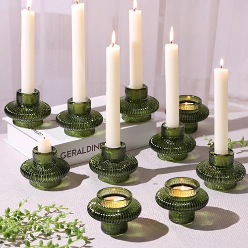 Green Taper Candle Holders Set of 10 for Taper Candles/Tea Lights, Ribbed Glass Candlestick Holders for Boho Wedding Table, Vintage Candle Sticks Holder Decor Home Decor - color: Green