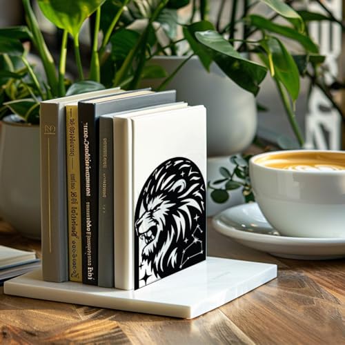 Peacoblue Metal Bookends for Shelves, Modern Decorative Heavy Duty Study Book Support Stoppers for Office, Desk, Shelf, Room 5.3"x4.3"x6.3" Cast Iron Simple Tall Bookends, 1 Pair (Leo Constellation) - style: Leo Constellation