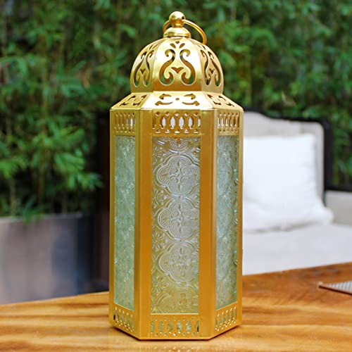 CVHOMEDECO. Decorative Candle Lantern Moroccan Lanterns Vintage Golden Metal Lantern Holder for Home Patio Outdoor Decor. Clear Glass, Medium - color: Clear G