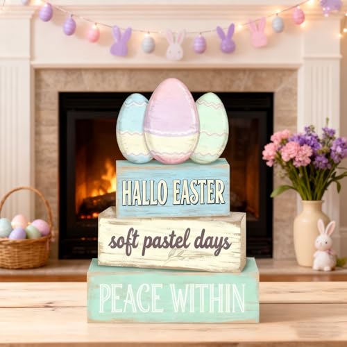 Easter Decorations - Hallo Easter Pastel Egg Tiered Tray Decor - Wooden Easter Tabletop Sign - Soft Pastel Farmhouse Spring Home Decor Indoor for Tiered Tray Shelf Mantel Coffee Table - Spring Home Decor for Living Room, Kitchen Counter - style: Egg