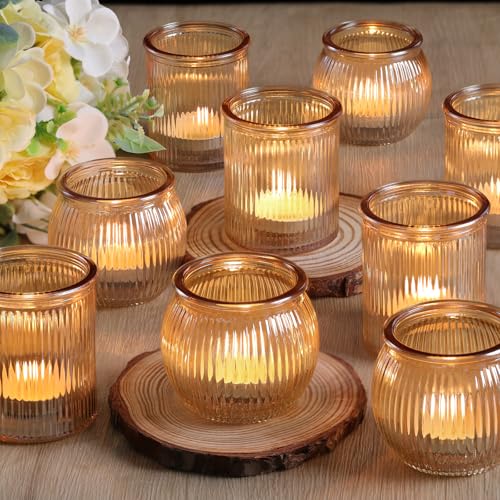 NITIME 12pcs Assorted Gold Votive Candle Holders for Wedding Decor, Ribbed Gold Tea Lights Candle Holder for Diwali, Glass Candle Holder for Fall Table Centerpiece, Party and Holiday Decorations - color: Gold
