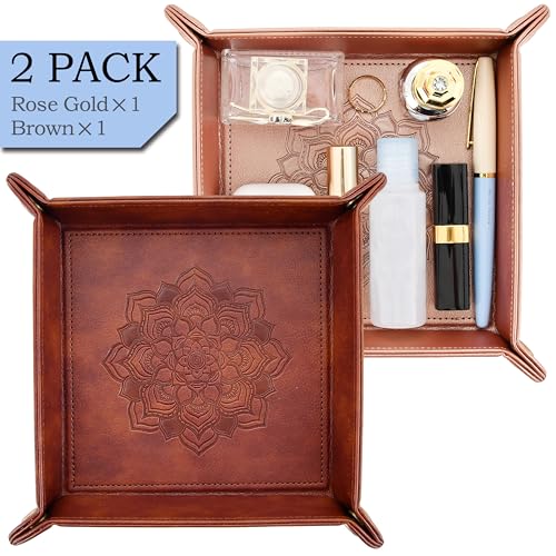 2 Pack Valet Tray, PU Leather Valet Tray Can Be Used As Key Bowl, Cologne Organizer for Men and Travel Jewelry Box, for Key Earphone Phone Coin Change Watches (8.6 * 8.6'' Brown + Pink)
