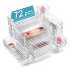 Vtopmart 72 PCS Clear Plastic Drawer Organizers Set, 4-Size Versatile Bathroom and Vanity Organizer Trays, Non-Slip Storage Containers for Makeup, Jewelries, Bedroom，Kitchen Utensils and Office