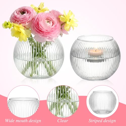 Hushee Clear Round Glass Vases for Centerpieces 4” W x 3.15” H Bubble Bowl Ribbed Glass Flowers Vases for Table Centerpieces Candle Holders for Wedding Event Home Decor