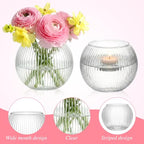 Hushee Clear Round Glass Vases for Centerpieces 4” W x 3.15” H Bubble Bowl Ribbed Glass Flowers Vases for Table Centerpieces Candle Holders for Wedding Event Home Decor