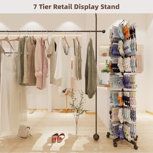 Upgraded Retail Display Stand 7 Tier Spinning Display Stand, Movable Shop Spinner Rack with Hooks, Retail Display Racks for Jewelry Keyring Hats Socks Toys (Black) - color: Black, style: 7 Tier-5 wheels