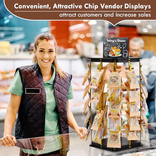 Pinzoveco Chip Rack Display Stand, 5 Tiers 40 Clips Snack Organizer for Office Desk, 360° Rotating Wooden Base Chip Holder Candy Display for Concession Stand, Countertop, Party, With Message Board - color: Black & Gold