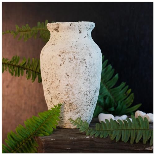 roro Handmade 7.5 Inch Rustic Farmhouse White Textured Ceramic Prunus Vase – Classic Decorative Flower Vase for Home, Office, or Shelf Centerpiece