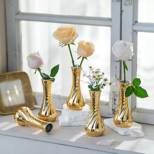 NUPTIO Glass Bud Vase Gold: 6 Pcs Small Flower Vases for Wedding Party Table Centrepiece - Vintage Ribbed Vase for Home Birthday Reception Decorations - size: Style 1