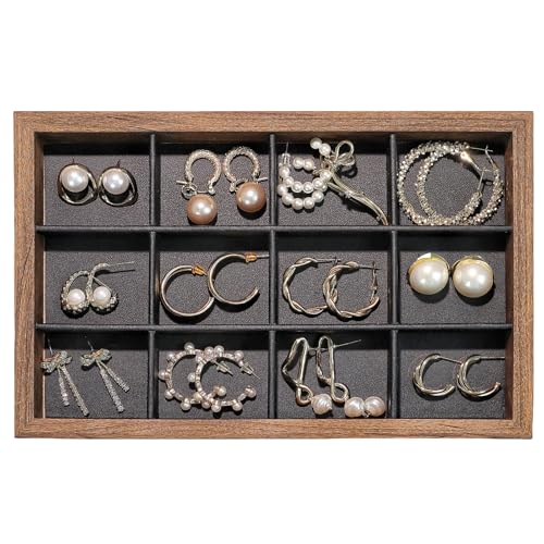 Fordonral Wood Jewelry Organizer Tray with PU Linen, Earring Organizer Jewelry Organizer Showcase Display Drawer Organizer Storage, Earring Holder Necklace Bracelet Ring Accessary Organizers - style: 12 Grids