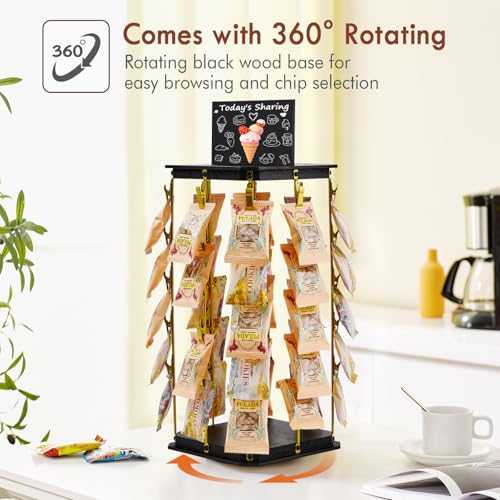Pinzoveco Chip Rack Display Stand, 5 Tiers 40 Clips Snack Organizer for Office Desk, 360° Rotating Wooden Base Chip Holder Candy Display for Concession Stand, Countertop, Party, With Message Board - color: Black & Gold