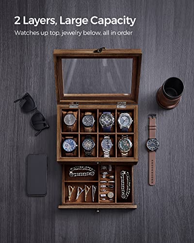 SONGMICS 8-Slot Watch Box, 2-Tier Watch Display Case with Large Glass Lid, Removable Watch Pillows, Velvet Lining, Jewelry Box, Gift Idea, Rustic Walnut UJOW008K01 - color: Rustic Walnut, size: 2 Layer 8 Slot