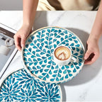 Chunful Mother of Pearl Round Serving Tray Wood Coffee Table Tray 10.4 Inch for Tea Breakfast Kitchen Cabinet(Teal Floral Style) - style: Teal Floral Style