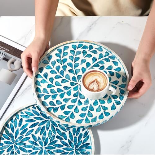 Chunful Mother of Pearl Round Serving Tray Wood Coffee Table Tray 10.4 Inch for Tea Breakfast Kitchen Cabinet(Teal Floral Style) - style: Teal Floral Style