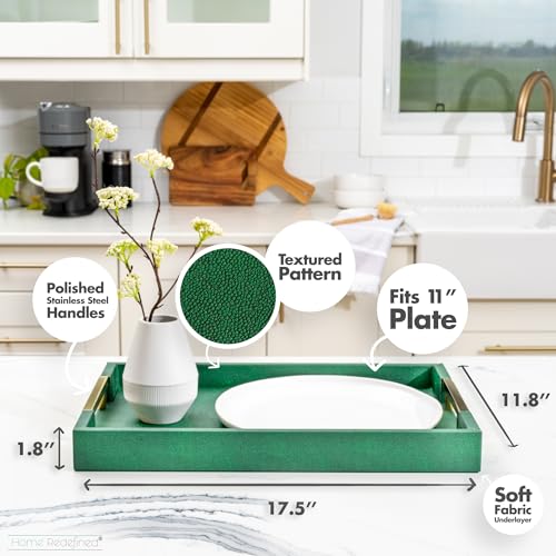 Modern Elegant 17.5"x12" Rectangle Emerald Green Shagreen Faux Leather Decorative Tray Ottoman Coffee Table Perfume Living Room Kitchen Serving Tray with Gold Polished Metal Handles for All Occasion's - color: Emerald Green/Gold