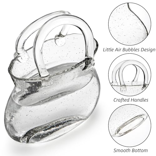 Glass Purse Vase for Flowers, Clear Bag Vase with Handle, Unique Handbag Shape Decorative Fish Bowl for Cute Room Table Shelf Decor, Wedding Centerpiece
