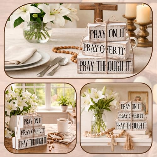 Yuntau 4 Pcs Farmhouse Wooden Tabletop Decor Bible Verse Tiered Tray Decorations Rustic Religious Christian Gift Block Sign Pray on It Centerpiece for Easter Home Kitchen Shelf Office Desk Decor - style: Pray