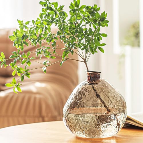 Unique Hammered Brown Glass Vase for Plants Decor Ribbed Embossed Flower Vases for Centerpieces Living Room Entrance Table Decoration,Brown - color: Brown