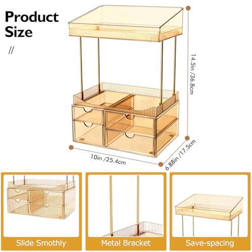 SNSLXH 4 Drawers Makeup Organizer - 4 Tier Makeup Storage, Cosmetics Organiser, Ideal for Cosmetic, 4 Dividers with Drawers for Countertop, Bathroom, Office Supplies, Dresser Transparent Tawny - color: Tawny