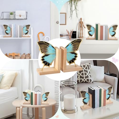 Decorative Butterfly Bookends Wooden Acrylic Butterflys Bookend Modern Bookshelf Decor Accent Book Stopper Decor for Home Farmhouse Shelves Office Lover Gift(Blue Butterfly) - style: Blue Butterfly