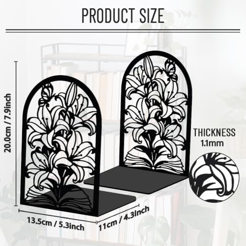 WADORN 1 Pair Lily Flower Decorative Bookends Reading Gift for Floral Lovers and Reading Enthusiasts Black Heavy Duty Book Stand Unique Book Holder Stopper for Home Office Library 5.3x4.3x7.9 Inch - color: Lily Flower