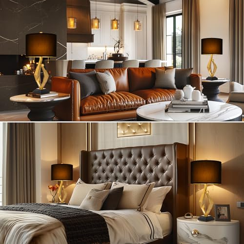 Sculptural Table Lamp Set of 2 with USB Ports For Living Room, Gold Leaf Finish Farmhouse Bedside Lamps with S Cluster Pull Chains Switch for Bedroom, Rustic Nightstand Lamp for Office, Hotel, Bar - size: 26 inches Gold Leaf -029
