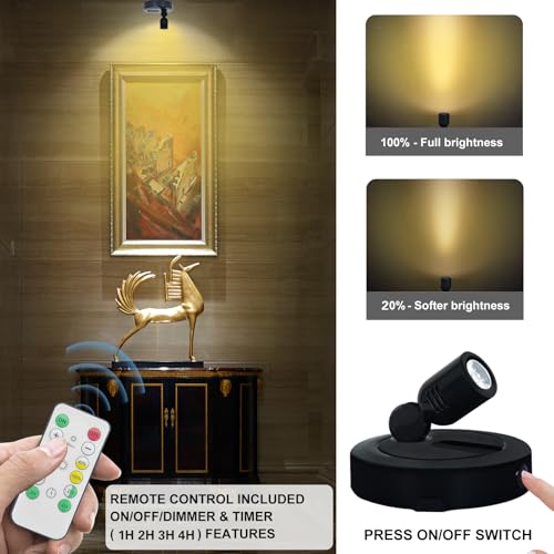 HAMVIDNE Battery LED Spotlight, Indoor Spotlights, Battery Powered Spot Lights with Remote, Up Lighting for Plants, Picture Light for Wall Art Display Dartboard Painting Artwork Accent-2Pack - color: Black
