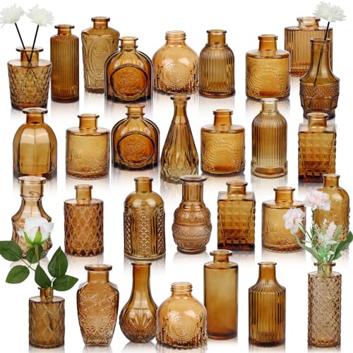 Bud Vase Set of 30 in Bulk Amber Glass Bud Vase 30 Pack Bud Vases for Centerpieces Vintage Amber Mini Flower Vases for Home Centerpieces Wedding Decorations