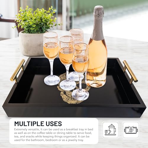 Gothic Skull Serving Tray with Gold Handles – Black Gloss Wooden Ottoman Tray for Coffee Table, Bar, or Kitchen – Elegant Gothic Decor & Unique Gift for Halloween, Horror & Alternative Style Lovers - style: SKULL