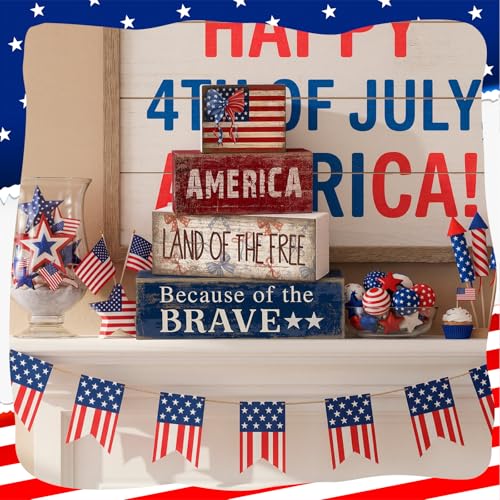 CroBlissful 4 Pcs 4th of July Decorations Patriotic Memorial Day Tabletop Decoration Red White Blue Table Centerpieces 250th Anniversary Wooden Fourth of July Sign for Office Tiered Tray Home Shelf - style: Independence