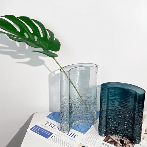 Blue Glass Flower Vase 10.6" Tall, 3lb Heavy Art Vases for Home Decor - Unique Decorative Centerpiece for Fresh/Dried Flowers, Modern Table Vase with Sturdy Base