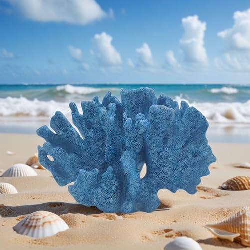 Etlemonde Blue Beach Coastal Fan Coral Decor Resin Statue - Faux Sea Coral Reef for Bathroom Shelf, Coffee Table, Nautical Beach House Home Decor Accent - color: Blue-d