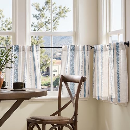 jinchan Boho Kitchen Curtains 24 Inch Linen Tier Curtains with Geometric Pattern Bohemian Cafe Small Light Filtering Window Treatment for Living Room RV Back Tab 2 Panels Blue on Linen - color: Liora | Blue on Linen, size: 26"W x 24"L (Pack of 2)