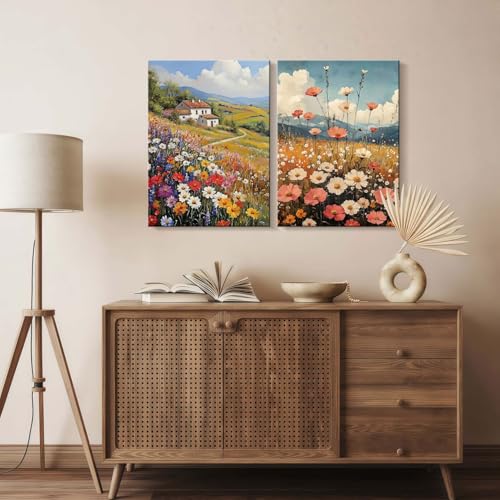 2pcs Framed Vintage Oil Painting Style Canvas Paintings Country Wildflowers Pastoral Scenery Farmhouse Wall Decor Floral for Bedroom Kitchen Office Cafe Landscape Artwork Ready to Hang 24x16 Inch - color: Vintage farmhouse oil painting wildflowers, size: