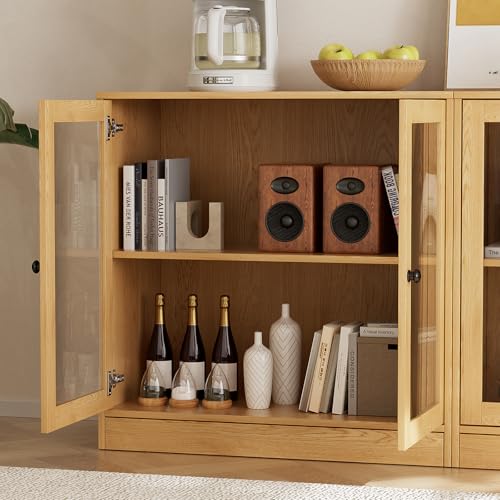 TUSY 71" TV Stand Storage Set - 2 Tall Bookcases & 2 Side Cabinets, Media Console with Glass & Wood Doors, Entertainment Center with Drawers, Tall Media Console for Living Room (Wood, ADDA) - color: Wood