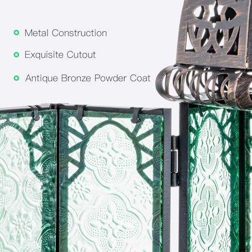 NEEDOMO Hanging Moroccan Lantern, 11'' Vintage Candle Holder, Metal Lanterns Decorative Indoor Outdoor, Table, Patio, Porch, Shelf, Gothic Home Decor (Green, Medium Size) - color: Green, size: Medium