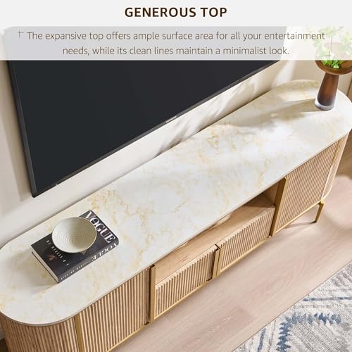 OKD Luxury 70" Fluted TV Stand, Modern Chic Entertainment Center for TVs Up to 80 inches, TV Console with Faux Marble Top, Curved Profile Design, Media Console for Living Room, Natural Oak - color: Natural Oak, size: 70" TV Stand without Fireplace