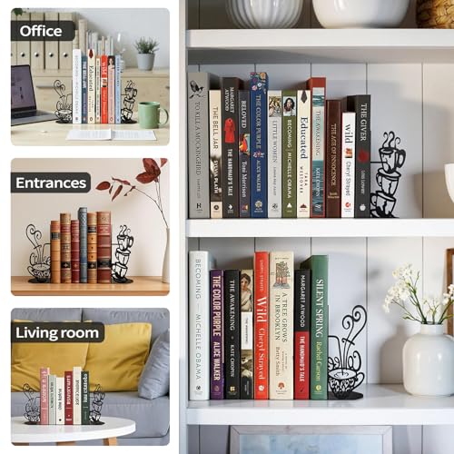 ENCIMART Metal Bookends Creative Coffee Bookends Decorative Cute Kitchen Book Ends for Shelves Bookshelf Home Office Desk Reading Decor Bookshelf Decor for Book Lovers Gift - color: Black Coffee