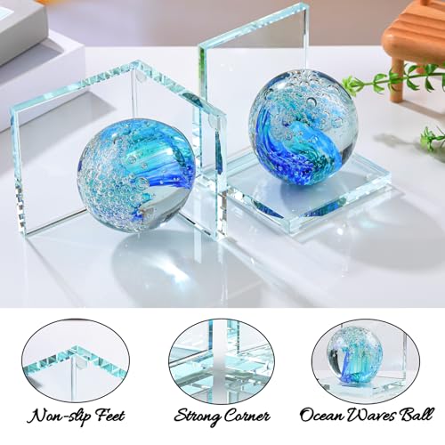 Arikyrist 1 Pair Crystal Bookends for Heavy Books with Hand Blown Ocean Waves Ball Glass Decorative Non Skid Bookends for Bookshelf Office Home (Dark Blue and Dark Green) - color: Dark Blue and Dark Green