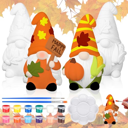 Seenelling 2 Pack Fall Gnome Ready to Paint Your Own Statues 4'' DIY Unpainted Ceramics Figurines Kit Blank Paintable Ceramics Art and Crafts Decorations - style: Fall Gnome