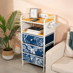 YCY Night Stand with Charging Station, LED Nightstand with USB Ports and Outlets, Metal Frame Side Table with 3 Fabric Storage Drawers, End Table for Bedrooms Living Room,White and Blue