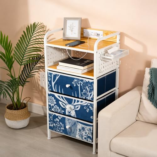 YCY Night Stand with Charging Station, LED Nightstand with USB Ports and Outlets, Metal Frame Side Table with 3 Fabric Storage Drawers, End Table for Bedrooms Living Room,White and Blue