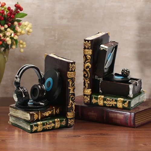 Vintage Bookends Decorative Headphone Record Player Book Ends Unique Music Lovers Book Stopper Heavy Duty Bookends for Desk,Shelves,Home Office Decor,Vintage Gifts