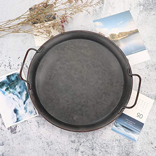 Hipiwe Industrial Style Metal Iron Tray Galvanized Serving Tray for Coffee Table, Home Decorative Centerpiece Tray Rustic Breakfast Serving Tray with Handles (Round) - style: Round